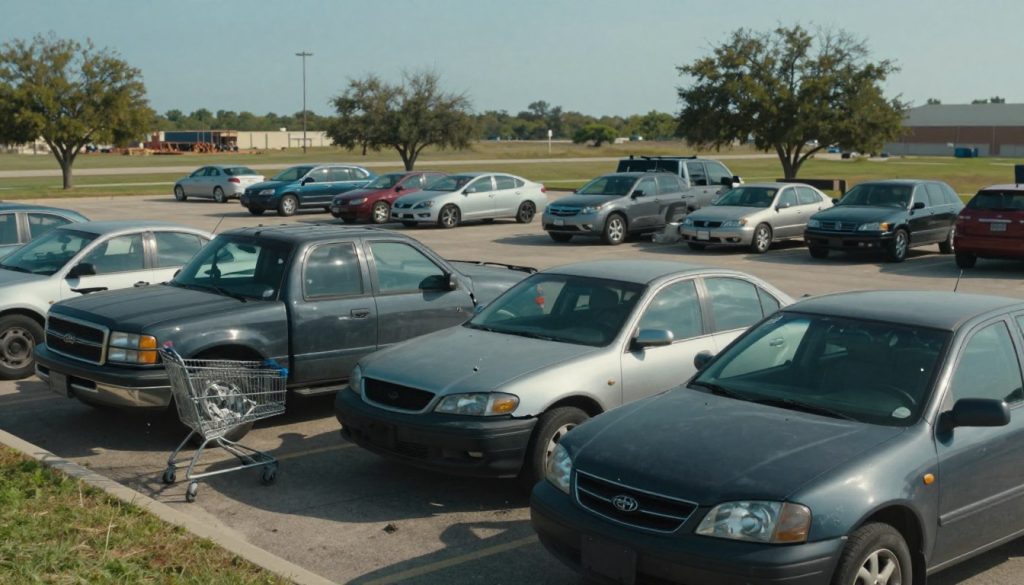 A detailed scene showcasing common causes of vehicle body damage in Texas. In the foreground, display a variety of damaged vehicles with visible dents, scratches, and broken lights, including a pickup truck, sedan, and SUV. In the middle ground, illustrate a busy parking lot with cars parked haphazardly, indicative of minor collisions, and close calls with shopping carts. The background features a Texas landscape with sparse trees, a clear blue sky, and a hint of distant roadside construction. Utilize soft natural lighting to enhance realism, and capture the image from a slightly elevated angle to provide a comprehensive view. The atmosphere is informative yet engaging, evoking awareness of vehicle care without appearing overly dramatic or distressing.