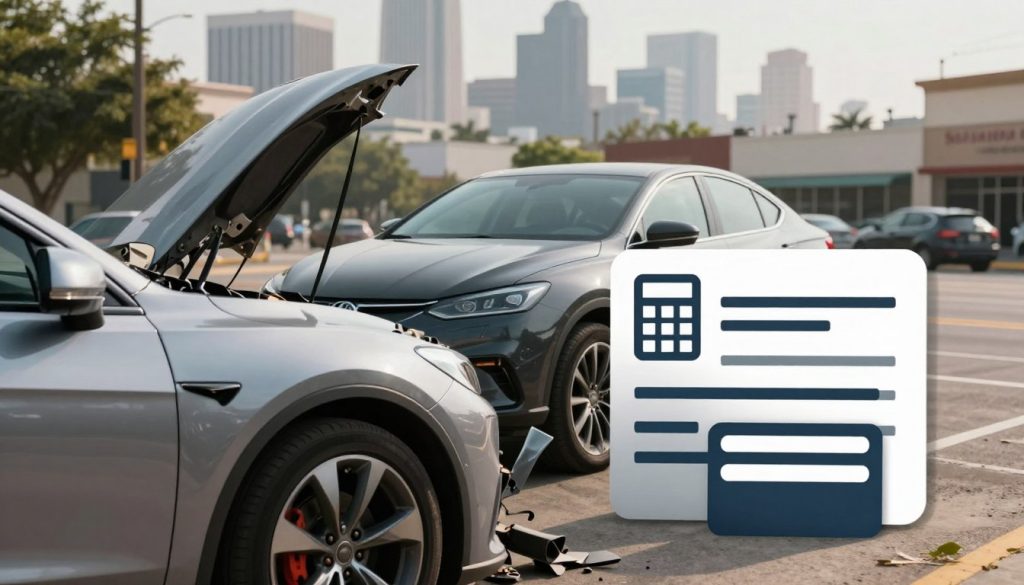 A detailed visualization of vehicle factors affecting collision repair costs in San Antonio, featuring a sleek, modern car in the foreground, showcasing its damaged fender and under-the-hood complexity. In the middle, display a contrasting vehicle with minor aesthetics, symbolizing lower repair costs, alongside icons representing insurance policies, like a calculator and insurance card. The background should depict a bustling San Antonio street with a soft-focus city skyline. Use warm, natural lighting to give a clear daytime ambiance, while maintaining a slightly dramatic angle to heighten the focus on the vehicles and insurance themes. The mood should be informative yet engaging, emphasizing the intricate relationship between vehicle condition and insurance impact on repair costs.