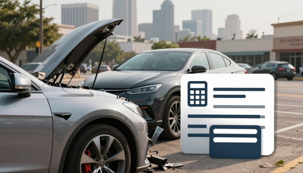 Silver vehicle with hood open and gray SUV in collision, urban background, graphic overlay of calculator and credit card representing repair cost estimates for collision services.