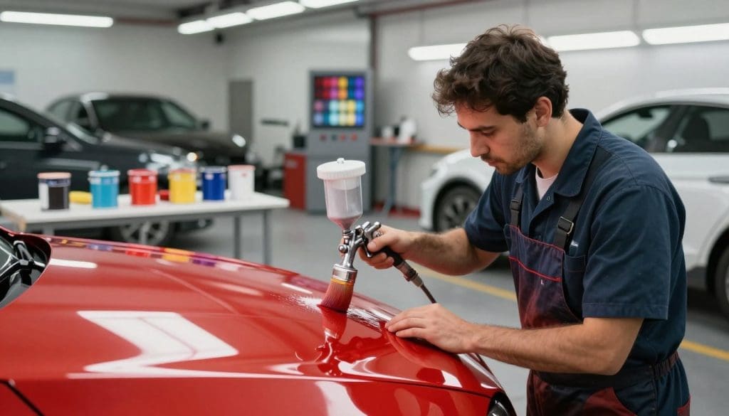 Technician applying quality paint in an auto repair workshop, showcasing precision refinishing techniques with color matching materials in the background.
