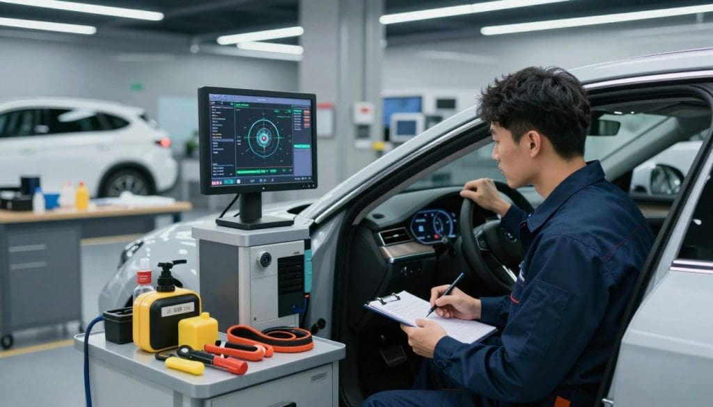 A modern auto repair shop interior, showcasing a detailed post-calibration vehicle safety assessment. In the foreground, a technician in professional attire closely inspects a car's dashboard while taking notes, emphasizing safety protocols. In the middle ground, high-tech calibration equipment and diagnostic screens display real-time data of the ADAS functions being tested. Surrounding the scene, tools and safety gear are organized neatly, symbolizing meticulousness. The background features well-lit workspaces with various vehicles being serviced, highlighting a clean and professional environment. Soft, diffused lighting creates a sense of focus and precision. The overall atmosphere is one of diligence and commitment to ongoing vehicle safety, reinforcing the critical importance of proper ADAS calibration after repairs.