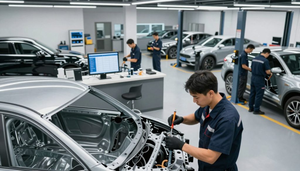 A modern auto service center designed for expert frame repair, with a sleek, organized workspace. In the foreground, a professional technician wearing a clean uniform inspects a damaged car frame with precision tools, demonstrating expertise. The middle layer features an open scheduling area with digital interfaces showing available time slots, surrounded by further technicians engaged in repairs. The background showcases a well-lit garage filled with advanced equipment and vehicles in various states of repair. The lighting is bright and even, creating a welcoming atmosphere. Capture this scene from a slightly elevated angle to emphasize the organized chaos of expert service in action, evoking a sense of efficiency and professionalism.