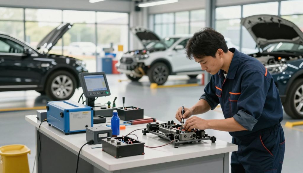 A modern collision center showcasing its unique features in a vibrant and inviting setting. In the foreground, a skilled technician in professional attire is meticulously repairing a vehicle, demonstrating high standards of craftsmanship. In the middle, various state-of-the-art tools and equipment are arranged neatly on a workbench, emphasizing a commitment to technology and precision. The background reveals a bright open space with clean lines, showcasing several vehicles in various stages of repair. Natural light streams in through large windows, creating a warm and welcoming atmosphere. The overall mood conveys professionalism, expertise, and a dedication to exceptional service, illustrating what sets this collision center apart from others.