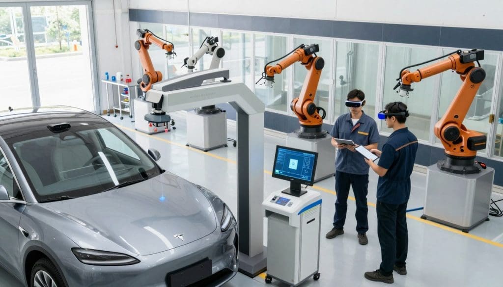 Modern collision repair facility with advanced technology, featuring a silver car, robotic arms, and technicians using computerized systems for precision repairs and paint matching.