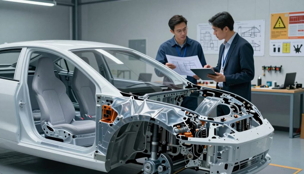 A modern vehicle interior design showcasing crumple zones, emphasizing safety considerations in automotive engineering. In the foreground, a detailed cutaway view of a vehicle's front structure, highlighting the crumple zones with a translucent effect to show internal mechanisms. The middle layer features engineers in professional attire examining design blueprints on a digital tablet, reflecting a collaborative atmosphere. The background includes a well-lit automotive workshop with tools and safety posters on the walls, contributing to a sense of technical precision. Soft, even lighting creates a focused, serious mood, emphasizing the importance of safety in vehicle design. The angle is slightly elevated, capturing both the vehicle and the engaged professionals effectively, ensuring clarity and depth.