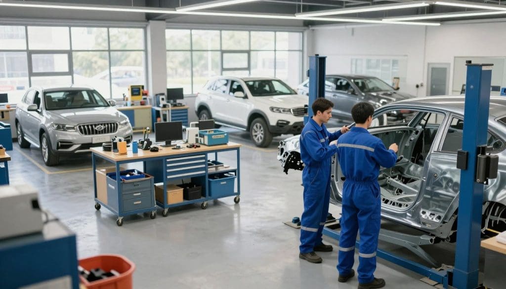Professional auto body repair facility interior with technicians in blue uniforms working on a car, organized service area with tools and equipment, reflecting quality service standards.