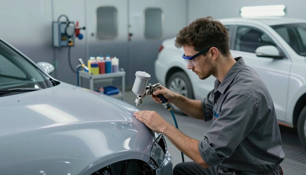 Skilled technician applying paint in a professional auto body repair workshop, showcasing advanced techniques for a flawless vehicle finish.
