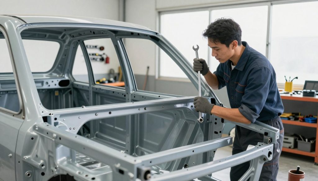 A professional auto mechanic inspecting a partially restored vehicle frame in a well-lit garage. In the foreground, the mechanic, dressed in smart casual attire, is holding a wrench and examining the frame's structural integrity. The middle ground features tools and parts scattered around, emphasizing the restoration process, including fresh paint and welding equipment. The background shows a clean, organized workspace with a wall-mounted tool rack and a bright window letting in natural light, enhancing the atmosphere of a productive environment. The mood conveys a sense of hope and renewal, highlighting the benefits of frame restoration with a focus on safety and performance. The image should capture the importance of vehicle frame restoration in an engaging and visually appealing way, with clear focus and depth.