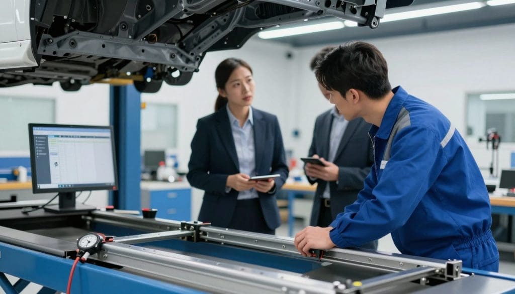 Professional auto technician inspecting vehicle frame in workshop, discussing structural integrity and repair processes with clients, emphasizing vehicle safety and precision in frame alignment.