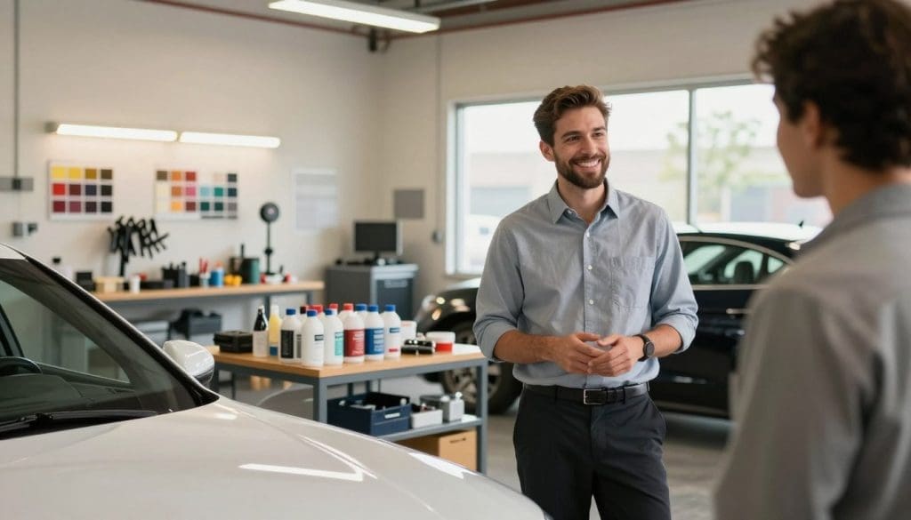 Professional auto body shop interior with a smiling consultant discussing services with a customer, featuring organized paint supplies and equipment, emphasizing quality craftsmanship and customer care.