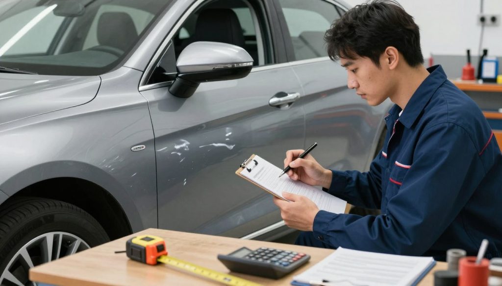A professional collision repair technician is examining a car's dented door in a well-lit auto workshop, with a clipboard in hand, noting down repair estimates. In the foreground, there's a measuring tape and a calculator on a workbench, emphasizing the evaluation process. The middle ground features the car, a modern sedan, showcasing visible dents on the driver's side. Tools and repair equipment are neatly arranged in the background, giving context to the workshop environment. The lighting is bright and inviting, creating a sense of professionalism and clarity. The overall atmosphere conveys an air of expertise and meticulous attention to detail, capturing the essence of assessing dent repair costs in San Antonio.