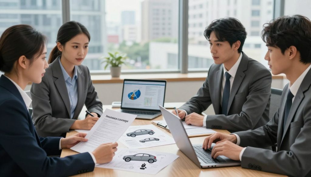 A professional office setting focused on insurance coverage and auto body repair rights. In the foreground, a diverse group of three individuals in business attire are engaging in discussion, one holding documents and another using a laptop, all showing expressions of concentration and trust. The middle layer features a large table with detailed auto body repair illustrations, insurance policy documents, and a laptop displaying charts. In the background, there are large windows letting in natural light, showcasing a cityscape to convey a sense of professionalism and importance. Soft, warm lighting enhances the inviting atmosphere, while a slight depth of field blurs the background slightly, keeping attention on the foreground discussion.