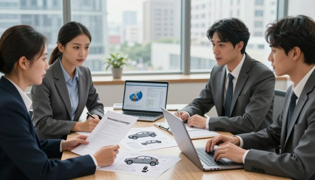 A professional office setting focused on insurance coverage and auto body repair rights. In the foreground, a diverse group of three individuals in business attire are engaging in discussion, one holding documents and another using a laptop, all showing expressions of concentration and trust. The middle layer features a large table with detailed auto body repair illustrations, insurance policy documents, and a laptop displaying charts. In the background, there are large windows letting in natural light, showcasing a cityscape to convey a sense of professionalism and importance. Soft, warm lighting enhances the inviting atmosphere, while a slight depth of field blurs the background slightly, keeping attention on the foreground discussion. A professional office setting focused on insurance coverage and auto body repair rights. In the foreground, a diverse group of three individuals in business attire are engaging in discussion, one holding documents and another using a laptop, all showing expressions of concentration and trust. The middle layer features a large table with detailed auto body repair illustrations, insurance policy documents, and a laptop displaying charts. In the background, there are large windows letting in natural light, showcasing a cityscape to convey a sense of professionalism and importance. Soft, warm lighting enhances the inviting atmosphere, while a slight depth of field blurs the background slightly, keeping attention on the foreground discussion.