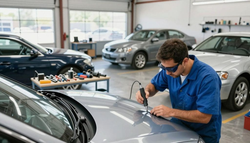 A professional paintless dent repair shop in San Antonio, showcasing a clean and organized workshop environment. In the foreground, a technician wearing a blue work shirt and safety goggles is carefully working on a car hood, using specialized tools for dent removal. The middle features several cars in various stages of repair, with an array of tools neatly arranged on a workbench nearby. In the background, large windows allow natural light to flood the space, illuminating the workshop and highlighting its industrial yet polished atmosphere. The mood is focused and professional, conveying a sense of expertise in automotive care. The image is captured from a slightly elevated angle, providing a broad view of the workshop's operation and welcoming ambiance.