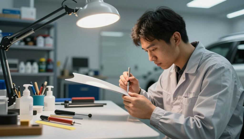 A professional setting showcasing the benefits of Paintless Dent Repair (PDR) for minor car damage. In the foreground, a skilled technician in a clean, modest work attire examines a car panel under bright, focused lighting from an overhead glow, revealing subtle dents being treated. In the middle ground, tools like specialized push rods and adhesive tabs are neatly arranged, highlighting the precision of the repair process. The background features a well-organized workshop with shelves filled with automotive supplies and a clean, modern environment. Soft shadows create a welcoming atmosphere that conveys trust and expertise. Capture this scene with a slightly wide-angle lens to emphasize the details and ensure a professional, polished feel.
