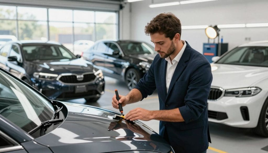 Professional vehicle paint protection expert working on a car hood in a clean, well-lit workshop, surrounded by various vehicles, emphasizing auto body repair and paint protection services in San Antonio, Texas.