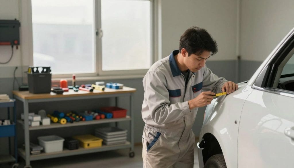 A serene auto body shop interior with a professional atmosphere, showcasing safety and integrity. In the foreground, a skilled technician in clean, professional attire examines a vehicle’s bodywork, emphasizing precision and care. The technician is using a measuring tool, symbolizing attention to detail and safety protocols. In the middle ground, organized workstations display neatly arranged tools and parts, conveying quality workmanship. The background features a large window allowing natural light to filter in, enhancing the warm and inviting atmosphere. Soft shadows create depth, while a slight blur on the edges focuses attention on the technician’s concentration. The overall mood is one of trust, competence, and satisfaction, embodying the essence of customer service excellence in auto body repair. Auto body technician inspecting vehicle for repair in a professional shop environment, showcasing advanced tools and a commitment to safety and quality service.