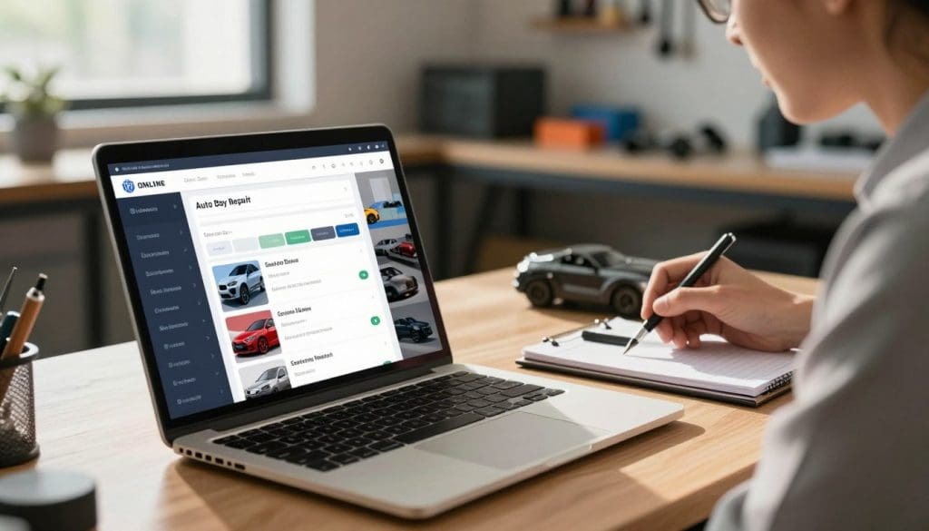 Sleek modern laptop displaying an online auto body repair estimate tool, with a person taking notes and a toy car on the desk, illustrating the digital process for obtaining repair quotes.