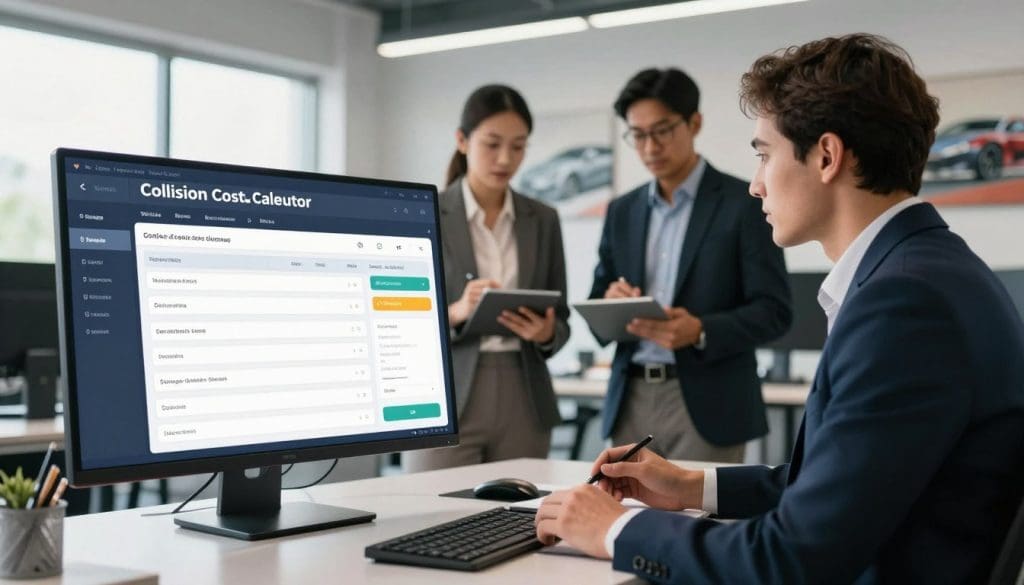 Modern workspace featuring a collision cost calculator interface on a computer screen, with a man in a suit using the calculator while two colleagues discuss in the background, highlighting auto body repair estimates and digital tools for collision restoration.