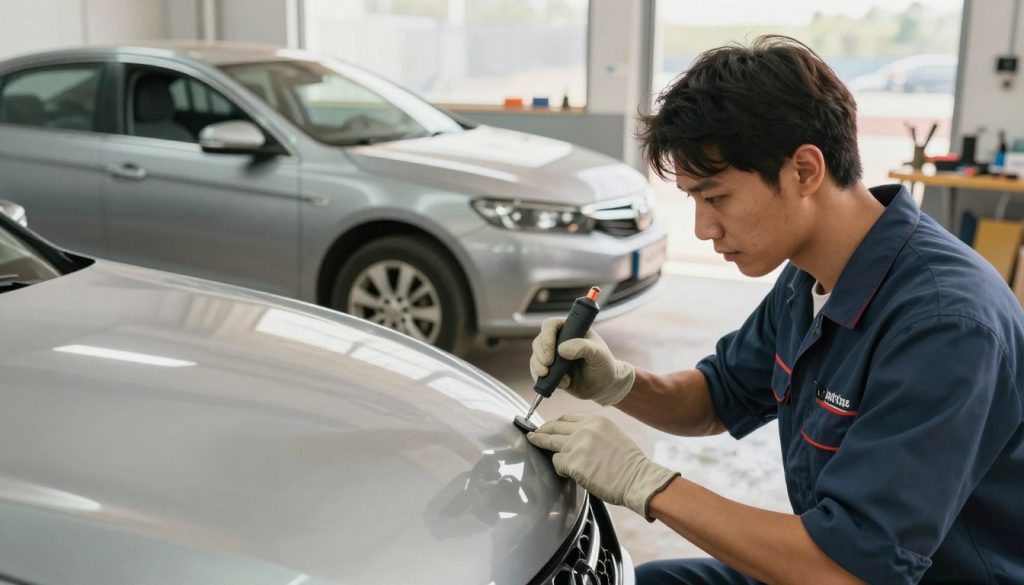 A split image depicting the benefits of Paintless Dent Repair (PDR) versus conventional methods for fixing hail damage on vehicles. In the foreground, showcase a mechanic in professional attire, skillfully applying PDR techniques on a car's dented surface using specialized tools, with a focused expression and an engaged body posture. In the middle ground, contrast a car with visible dents on one side undergoing conventional repair, surrounded by cluttered tools and a painter's setup, creating a busier atmosphere. The background features a bright, well-lit automotive shop, emphasizing cleanliness and professionalism. Use a warm and inviting color palette to convey a sense of trust and reliability, while keeping the lighting even and soft to ensure clarity in the details of both repair methods.