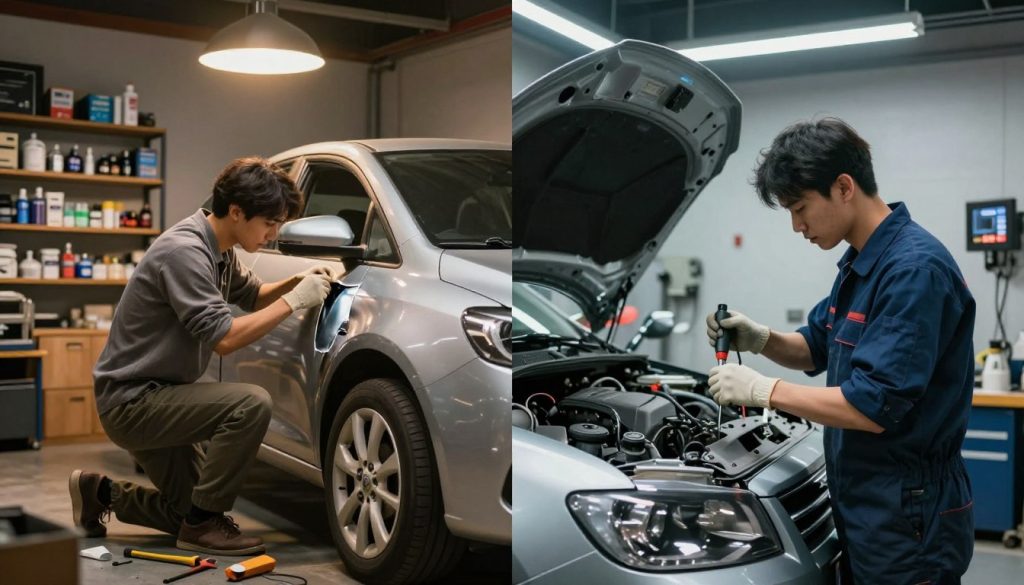 A split scene illustrating the comparison between DIY auto repair and professional repair. On the left, a person in modest casual clothing works on a car in a home garage, surrounded by tools, paint, and a partially repaired scratch on the car's surface, illuminated by warm, overhead lighting. The background features shelves filled with various auto supplies, creating a cozy atmosphere. On the right, a professional mechanic in a clean uniform is seen in a well-equipped auto shop, expertly using high-tech tools to repair a vehicle with a smooth, shiny finish. Bright, fluorescent lights enhance the sleek, modern workshop's efficiency. The image conveys a sense of practicality versus professionalism, with a balanced composition that highlights both approaches to car scratch repair.