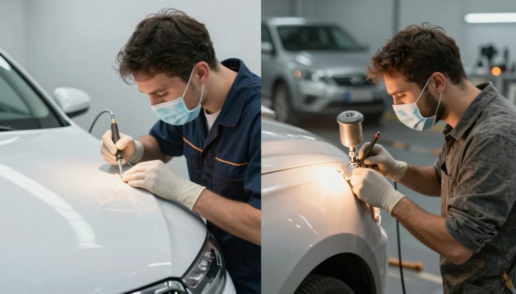 A split-screen image showcasing two contrasting dent repair methods: the left side depicts a professional technician in a clean workshop performing Paintless Dent Repair, focusing on a car hood with clear, precise tools, illuminated by soft, bright lighting creating a sterile atmosphere. The technician, dressed in a neat uniform, demonstrates meticulous attention to detail. The right side shows a traditional dent repair process, with a different technician in casual clothing, surrounded by repair tools and a noisy spray booth, illuminating a sense of time-consuming effort. The background should feature a blurred view of cars under repair, subtly suggesting the overall theme of quality and timeline comparison. The image should have balanced composition and warm tones, evoking a sense of professionalism and expertise in the automotive repair industry.