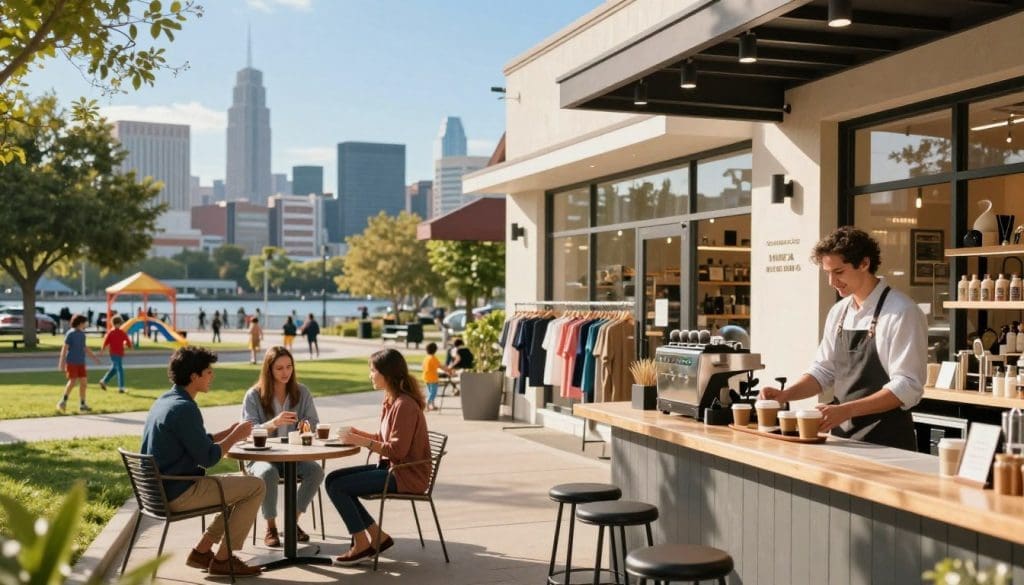 A vibrant street scene showcasing local attractions ideally suited for clients visiting an auto body shop. In the foreground, a friendly barista serves coffee at a modern café with outdoor seating, patrons enjoying their drinks in casual yet professional attire. In the middle ground, a small boutique shop displays trendy clothing and accessories, while a family explores a nearby park with children playing. The background features an impressive city skyline under a clear blue sky, creating a sense of community and relaxation. The scene is well-lit by warm afternoon sunlight, and a shallow depth of field brings focus to the attractions while softly blurring the distant skyline. The atmosphere is inviting and cheerful, emphasizing convenience and leisure for potential clients. Vibrant street scene featuring a coffee shop with a barista preparing drinks, outdoor seating with customers enjoying coffee, and a city skyline in the background, showcasing local attractions in San Antonio.
