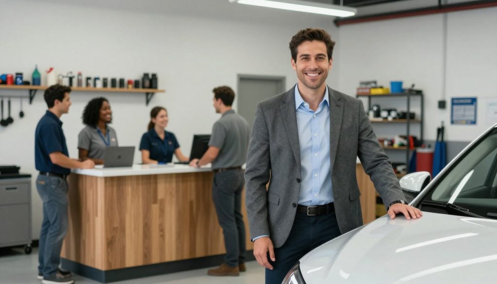 A visually engaging scene capturing the essence of customer satisfaction at a collision repair shop in San Antonio. In the foreground, a smiling customer in professional business attire stands next to a freshly repaired vehicle, showcasing the high-quality work of Miracle Body and Paint. The middle of the image features a welcoming reception area with friendly staff attending to clients, and a modern repair bay visible in the background, filled with tools and equipment. The lighting is bright and inviting, highlighting the professionalism of the shop, with a soft focus on the background to draw attention to the customer and their vehicle. The mood is positive and uplifting, reflecting trust and reliability in the services provided.