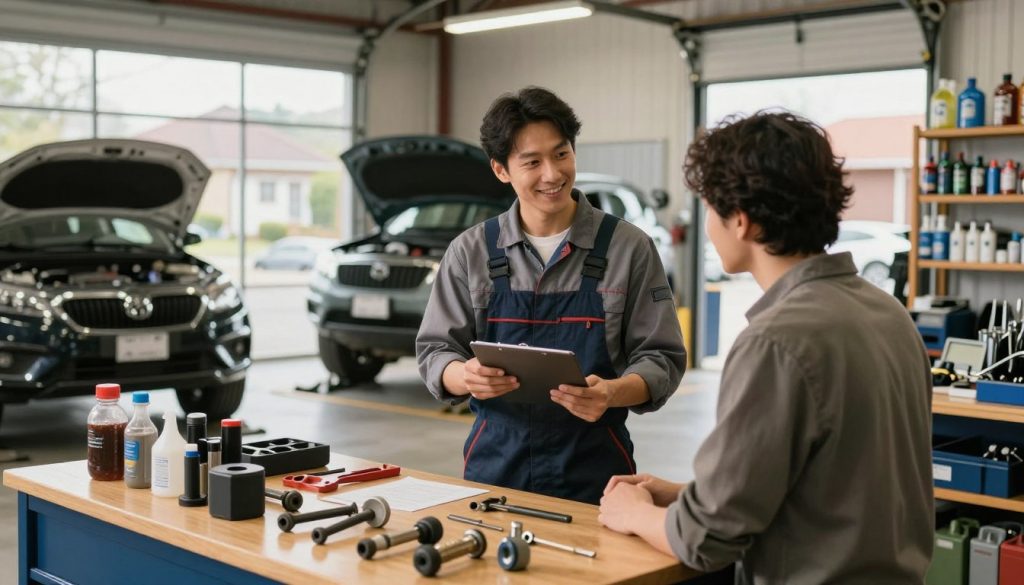 A warm and inviting auto service center, showcasing a friendly mechanic in professional work attire, attentively discussing vehicle details with a customer, who is listening intently. In the foreground, tools and car parts are neatly organized on a well-lit workbench, adding a touch of authenticity. The middle ground features a well-maintained vehicle on a lift, with soft natural light filtering through large windows, illuminating the scene and enhancing the personalization theme. In the background, shelves filled with automotive supplies and an open garage door reveal a glimpse of a cozy neighborhood, emphasizing a local touch. The atmosphere is welcoming, emphasizing trust and community, with a focus on personalized service tailored to individual needs.