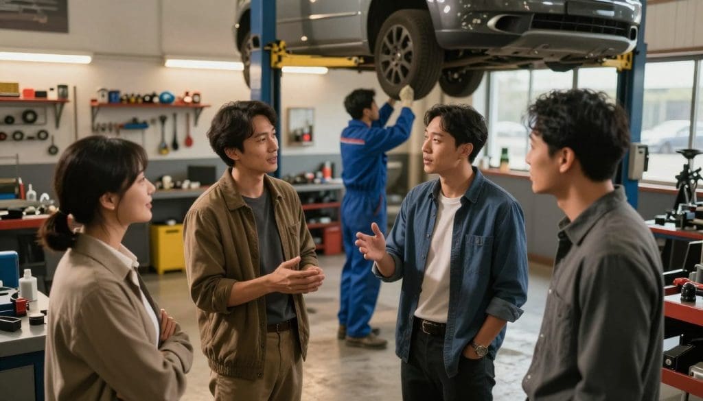 Group discussing automotive repairs in a warmly-lit auto body shop, with a car elevated on a lift and a technician working in the background.