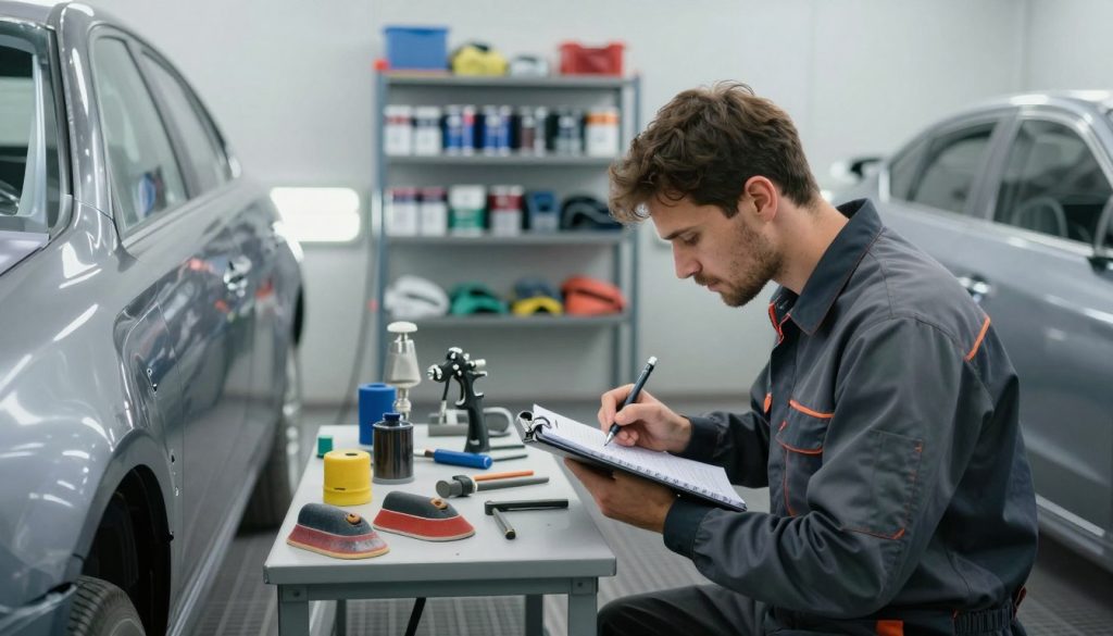 A well-lit auto body repair shop scene, focusing on a mechanic in professional attire, carefully preparing a vehicle for collision repair. The foreground showcases the mechanic examining the car's exterior, taking notes on visible damage. The middle ground features various repair tools and equipment neatly organized on a workbench, including sanders, paint spray guns, and protective gear. In the background, shelves stocked with paint cans and spare parts add context. Soft, fluorescent lighting illuminates the area, creating a clean and professional atmosphere. The camera angle is slightly elevated, capturing both the detailed process and the workspace layout. The overall mood is focused and industrious, emphasizing the preparation required for effective repair work.