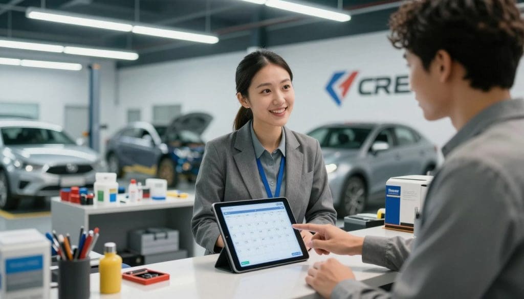 A well-lit auto body shop reception area with a welcoming atmosphere. In the foreground, a friendly service advisor in business casual attire is speaking with a customer, both engaged in conversation about scheduling a visit. The service advisor is pointing at a digital calendar on a tablet, showing available appointment slots. In the middle ground, there are car repair tools and parts neatly organized, with vehicles in various stages of repair visible. The background includes a clean, professional workshop environment with bright overhead lights and a logo prominently displayed on the wall. The angle is slightly tilted to show depth, creating a dynamic perspective. The mood is professional and efficient, focused on customer service and organization.