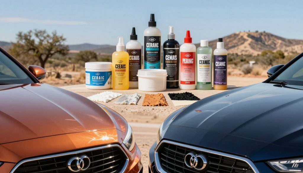 A well-lit comparison image showcasing waxes and ceramic coatings for vehicle paint protection under the Texas sun. In the foreground, two distinct sections display a freshly waxed car hood on one side, shiny and reflecting warm sunlight, and a ceramic-coated section on the other, exhibiting a slick and durable finish. The middle ground features an assortment of wax and sealant products, stylishly arranged in elegant containers, along with texture samples demonstrating their various appearances. In the background, Texas landscape elements such as blue skies and distant sun-baked hills emphasize the harsh conditions these products combat. The atmosphere conveys a sense of automotive care and protection, with bright, natural lighting capturing the sheen and details of each product effectively. The angle is slightly elevated to give a comprehensive view of the materials and their applications.