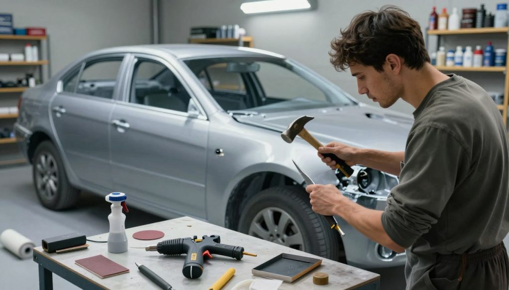 A well-lit garage scene showcasing DIY auto body repair techniques. In the foreground, a skilled technician wearing modest casual clothing is focused on repairing a car door, using a hammer and dolly set to restore the shape of the metal. Various tools are neatly arranged on a workbench nearby, including a pneumatic glue gun, sandpaper, and a paint sprayer. In the middle ground, a partially repaired car is visible, with a few dents being worked out, and a roll of body filler can be seen on the ground. The background features shelves filled with automotive supplies and a bright overhead light illuminating the space, creating an industrious and focused atmosphere. The angle is slightly elevated, capturing the detail of the technician's technique and the transformation of the car.