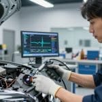 Technician performing ADAS calibration on a vehicle in an auto body shop, emphasizing the importance of precision after collision repair.