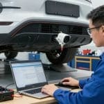 Technician calibrating Advanced Driver Assistance Systems (ADAS) on a vehicle using a laptop in an auto body repair shop.