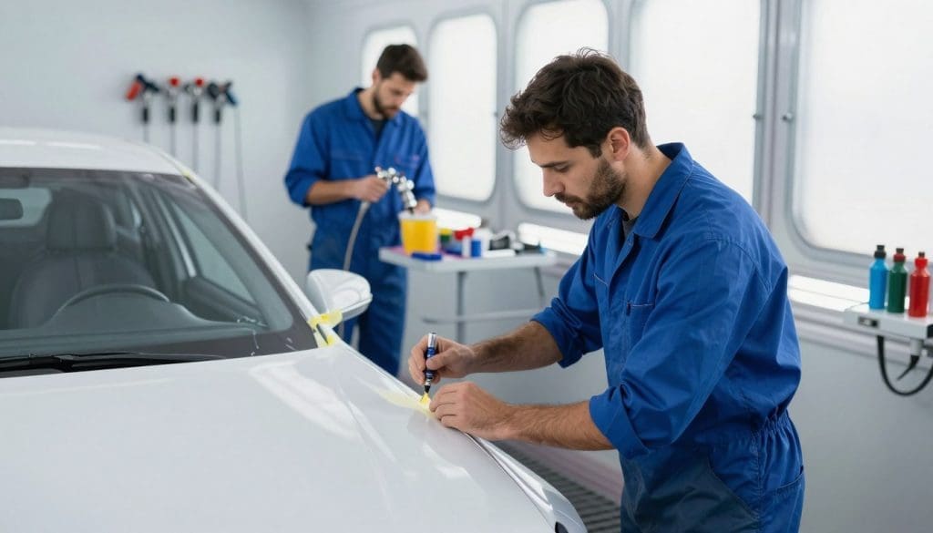 An auto body shop interior during the car repainting process. In the foreground, a professional automotive technician in a blue coverall carefully masks a car with painter's tape, preparing for repainting. The middle ground shows a second technician mixing vibrant paint colors in a modern spray booth, with tools and equipment organized nearby. The background features a well-lit workspace with equipment like spray guns, safety gear, and large windows allowing natural light to illuminate the scene. The atmosphere is industrious and focused, reflecting the artistry of car repainting. The lighting is bright and even, creating a clean and professional environment. Use a slight depth of field to emphasize the technicians' intricate work while softening the background.