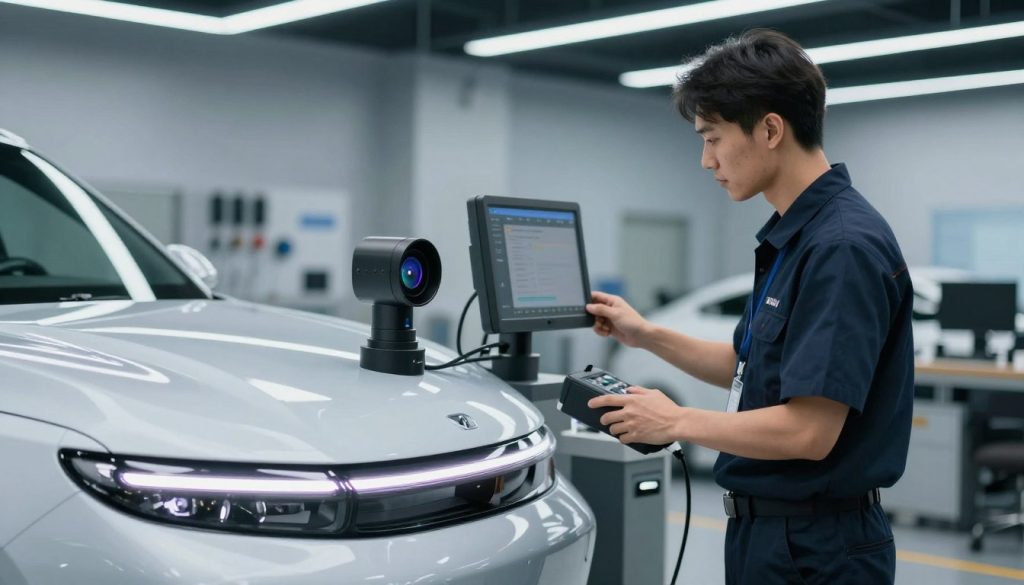 An informative illustration depicting key triggers for Advanced Driver Assistance Systems (ADAS) recalibration. In the foreground, a detailed view of a vehicle's front end with visible sensors and cameras, highlighting their crucial role in ADAS functionality. In the middle ground, a technician dressed in professional attire is examining the recalibration process using diagnostic equipment. The background features a modern automotive workshop, well-lit with overhead lights, showcasing tools and equipment that emphasize a sophisticated technical environment. The atmosphere is focused and professional, conveying attention to detail and precision in automotive repairs. Soft, even lighting enhances visibility, while a slightly blurred depth of field draws attention to the vehicle and technician, creating a sense of action and purpose.