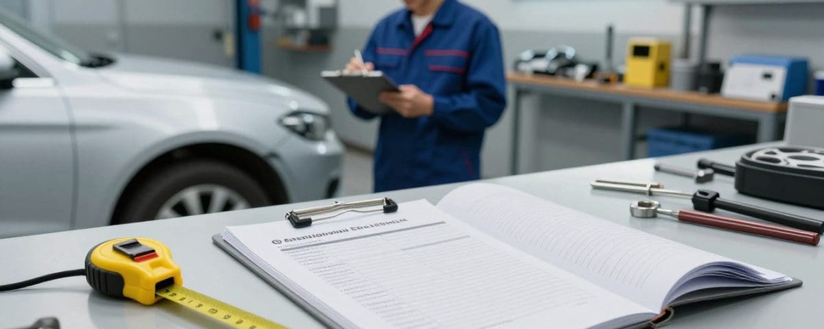 Auto body repair technician assessing vehicle damage with a clipboard and measuring tape in a repair shop, emphasizing accurate estimates and quality service at Miracle Body and Paint.