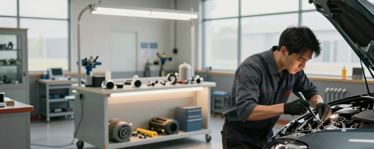Auto body technician working on vehicle engine in modern repair shop, featuring tools and equipment, emphasizing quality auto body repair services.
