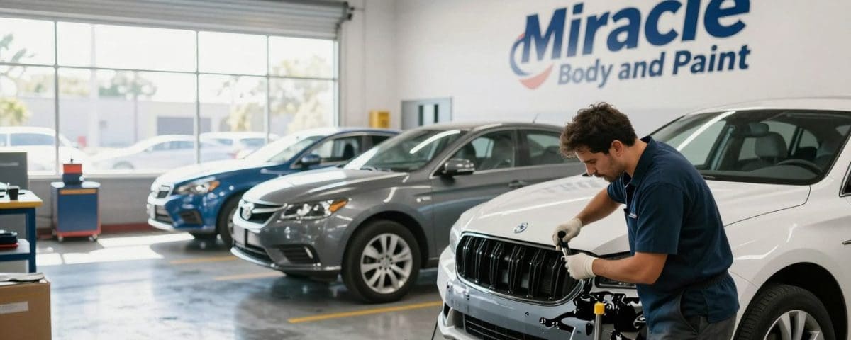 Auto body technician working on a BMW vehicle at Miracle Body and Paint shop in San Antonio, showcasing collision repair services in a well-lit garage with multiple cars.
