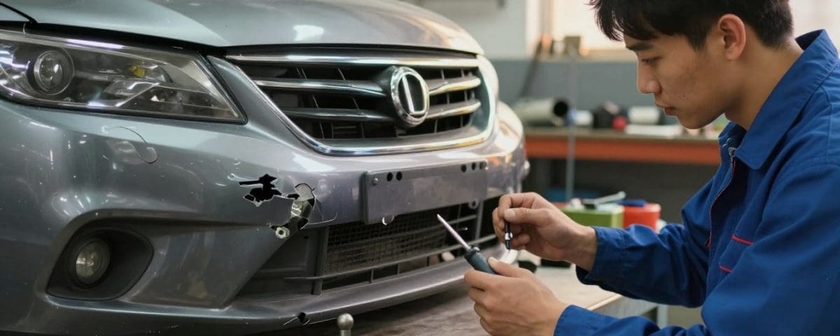 Mechanic repairing vehicle bumper at auto body shop, focusing on damage assessment and restoration techniques.
