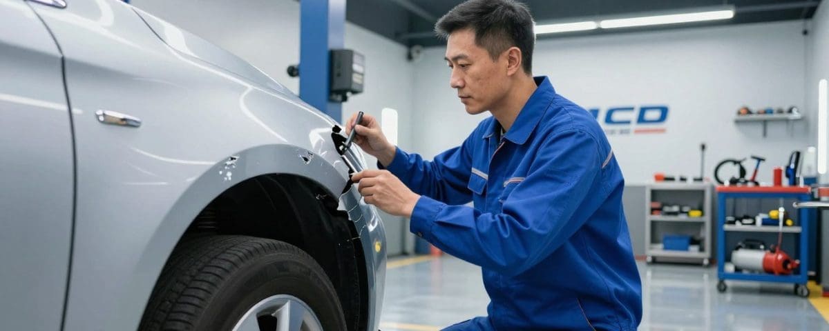Auto body technician inspecting and repairing a silver vehicle in a modern collision repair shop, emphasizing professional car accident repair services offered by Miracle Body and Paint in San Antonio.