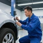 Auto technician in blue uniform inspecting and repairing a silver vehicle in a collision repair shop, emphasizing professional auto body repair and refinishing services.