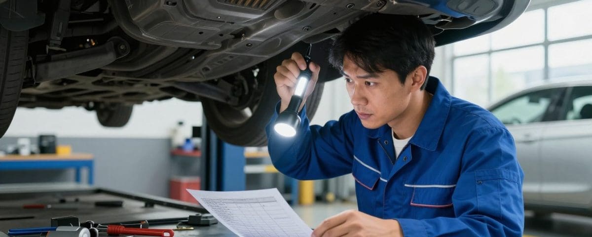 Auto body technician inspecting vehicle undercarriage with flashlight and checklist, emphasizing professional damage assessment at Miracle Body and Paint in San Antonio.