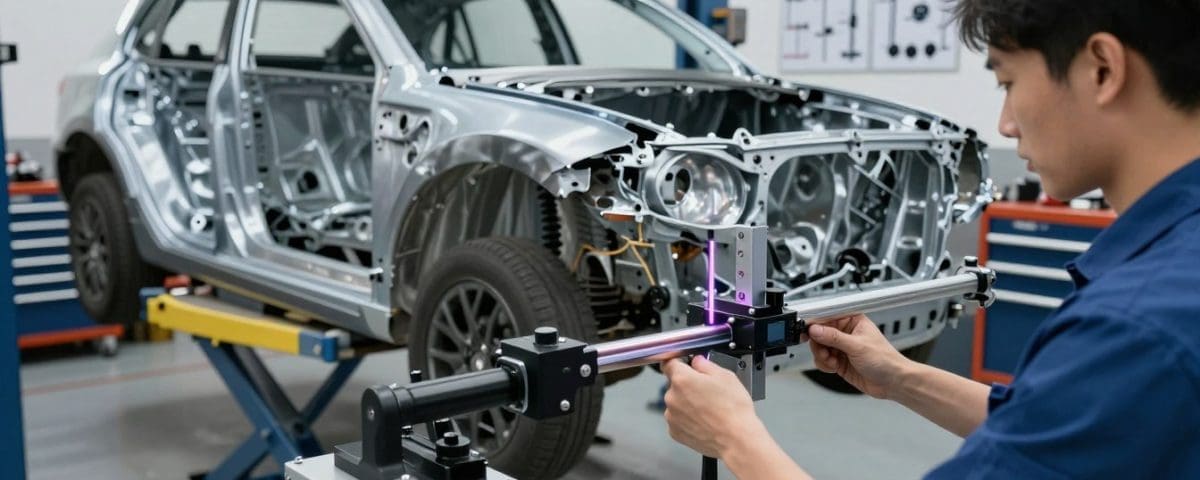 Technician performing car frame alignment on a silver vehicle chassis in an auto body shop, emphasizing precision and safety in collision repair services.