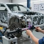 Car frame alignment process in an auto body shop, technician using precision tools to ensure vehicle safety and structural integrity.