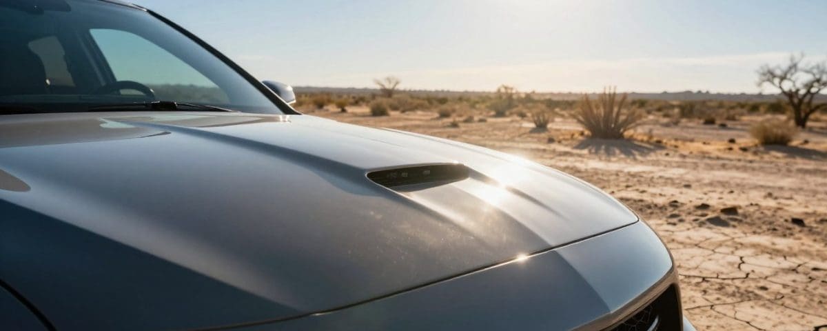 Close-up of a car hood reflecting sunlight in a dry, arid landscape, highlighting the importance of paint protection against Texas heat and environmental damage.
