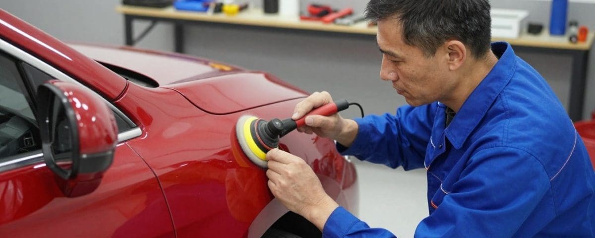 Auto body technician polishing red car surface, demonstrating professional car scratch repair at Miracle Body and Paint in San Antonio, TX.