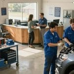 Auto repair technicians in blue uniforms servicing a vehicle in a collision center, with a customer interacting at the reception desk, highlighting professional fleet maintenance and repair services in San Antonio.
